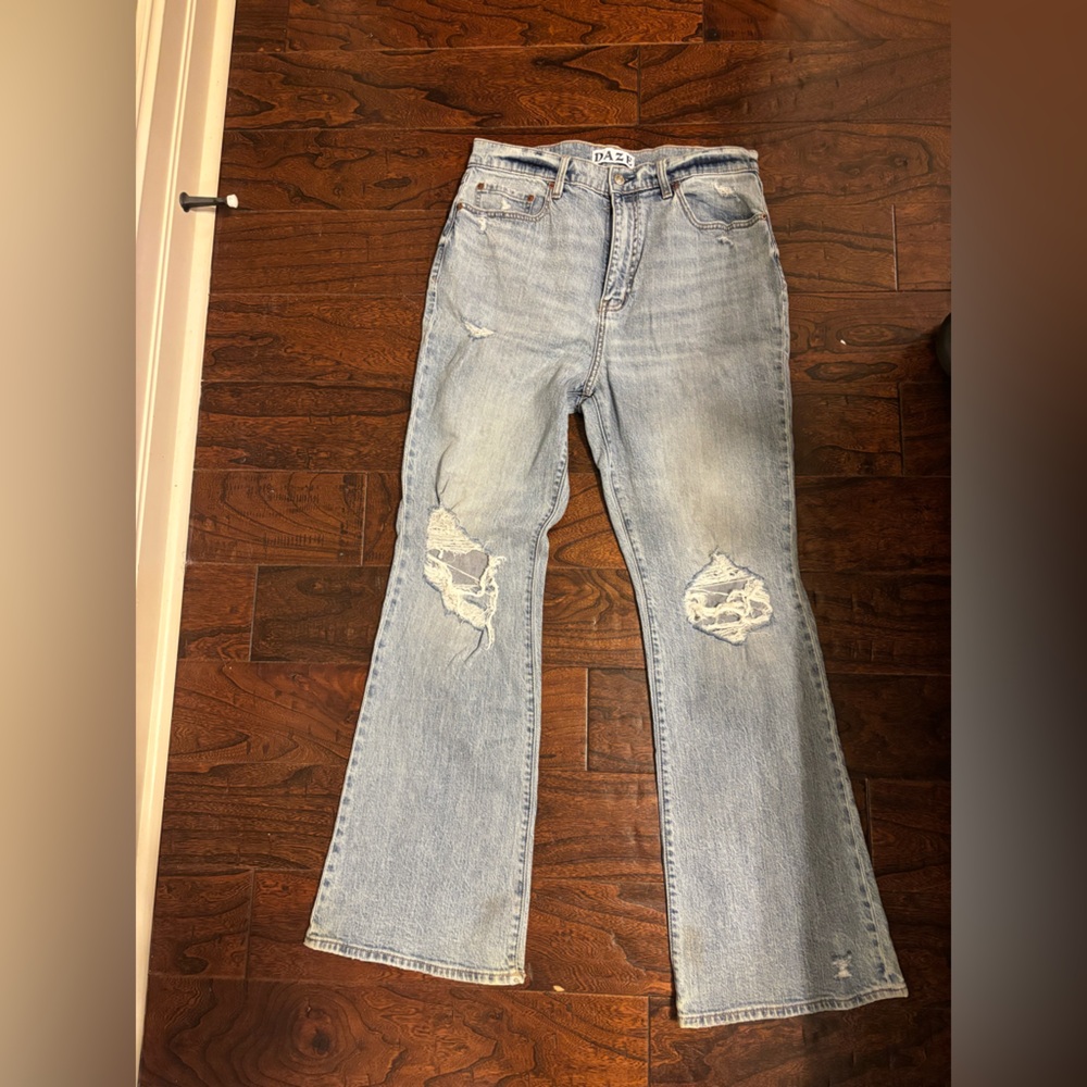 Daze Light Blue Distressed Flare Jeans